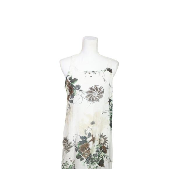 Izuria Linen Midi Dress Floral‎ size XL White Green Tan Midi Lined Sleeveless - Picture 3 of 9